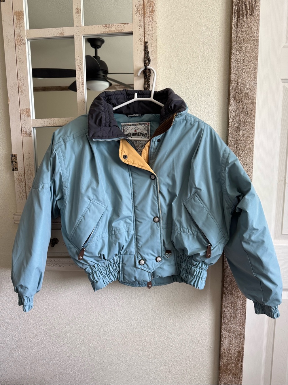 VTG 1980s Obermeyer Cropped Ski Bomber Jacket Pastel Teal Blue Retro size 10